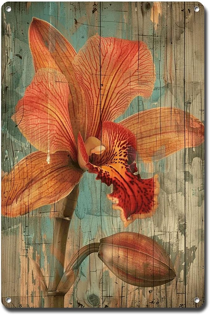 Metal Sign Tin Sign Vintage Wall Art Shabby Chic Orchid Tin Sign for Exotic Flora Art Vintage Wall Displays and Distressed Wood Panels Funny Bathroom Decor for Club 12×16 Inches