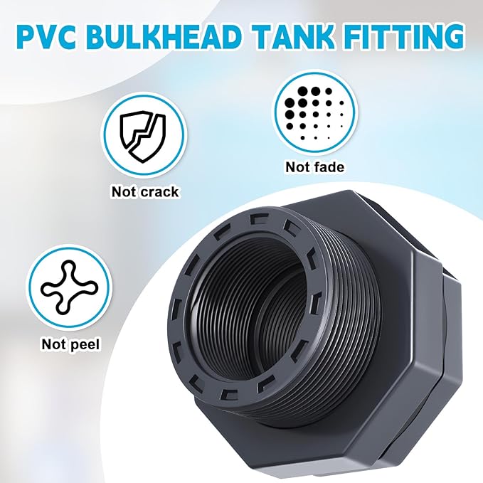 4 Pcs 2 Inch Bulkhead Fitting PVC Water Tank Connector Plumbing Pipe Threaded Bulkhead Fitting NPT for Rain Barrels, Water Tanks, Aquariums, Tubs, Pools