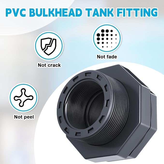 2 Pcs 2 Inch Bulkhead Fitting PVC Water Tank Connector Plumbing Pipe Threaded Bulkhead Fitting NPT for Rain Barrels, Water Tanks, Aquariums, Tubs, Pools