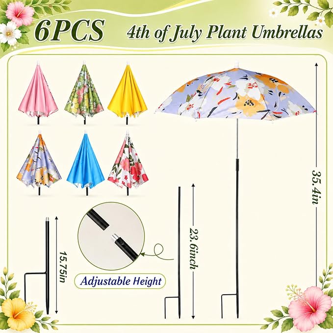 6 Pcs Flower Plant Umbrellas for Outdoor Plants 23.6" Wide Adjustable Height Floral Umbrella Shade Canopy Cover for Summer Garden Potted Plants Flower Beds UV Block & Heat Protection