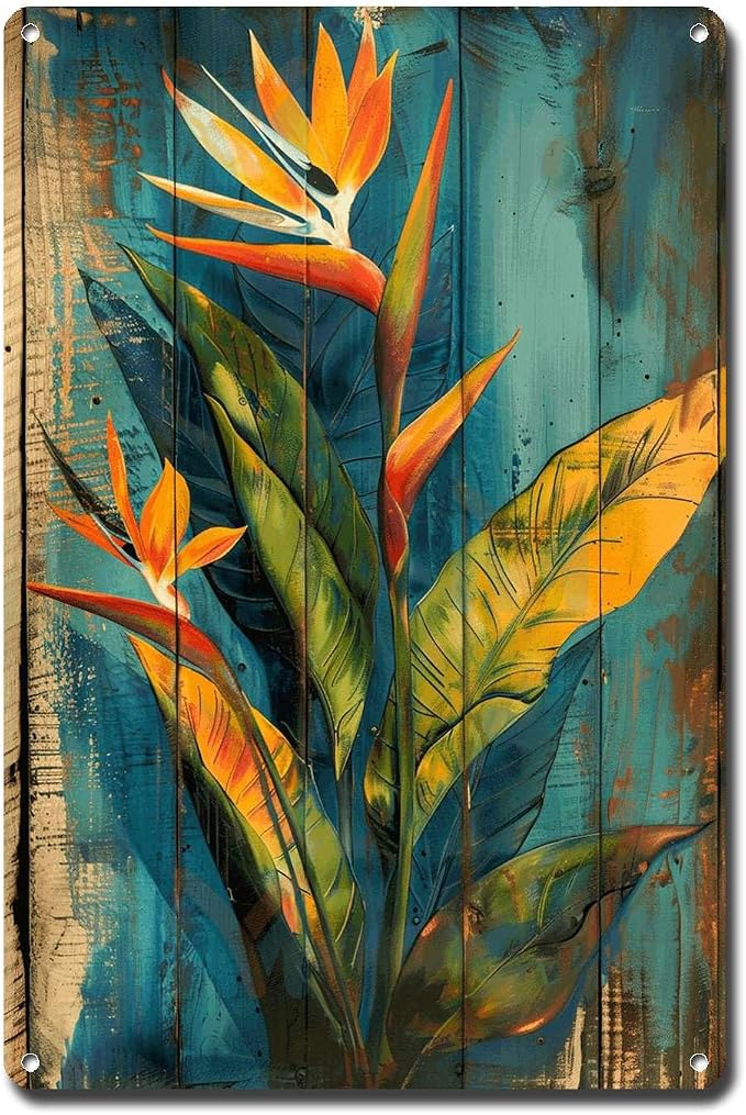 Metal Sign Tin Sign Vintage Wall Art Vintage Bird of Paradise Tin Sign for Exotic Garden Decor Rustic Wall Art and Distressed Wood Pan Wall Art for Bar 8×12 Inches