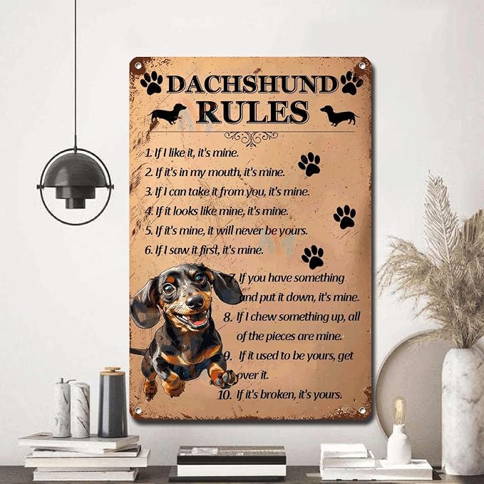 Metal Sign Tin Sign Vintage Wall Art Dachshund Rules Bathroom Signs Decor for Pub 6×8 Inches