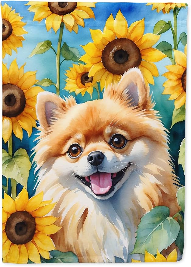 Caroline's Treasures DAC6136GF Pomeranian in Sunflowers Garden Flag Mailbox Flag Decorative Yard Flag Banner Outside Patio Artwork Yard Flower Beds, Garden Size, Multicolor