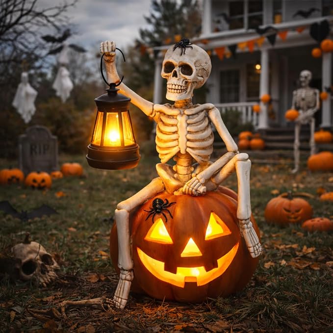 Halloween Outdoor Decorations Solar Lighted Skeleton Pumpkin Statue with Lantern 9.3 Inch Resin Jack O Lantern Yard Decor Halloween Skeleton Decoration for Porch Patio Garden Lawn