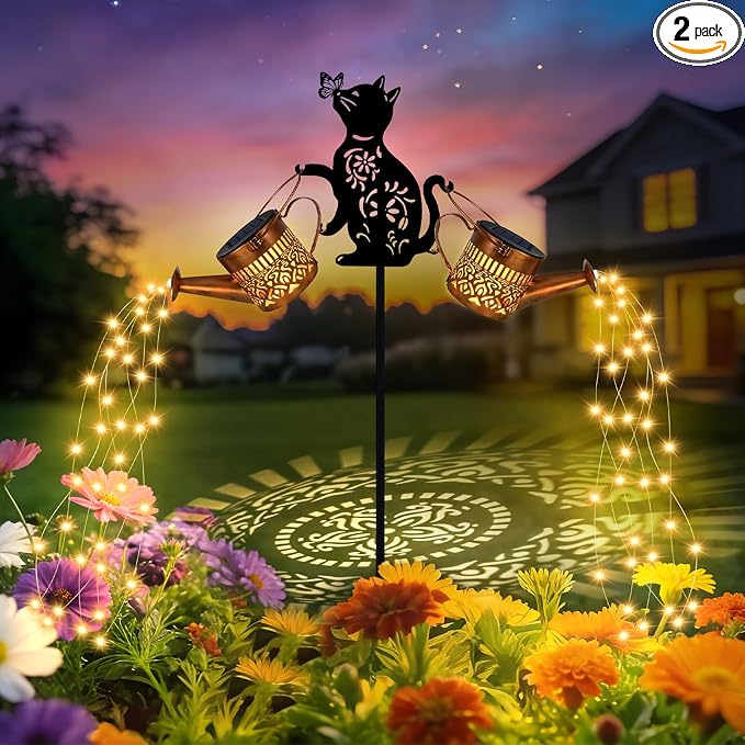 2 Pack Solar Watering Can Lights Waterproof, Metal Hanging Lantern Lights with Cat Silhouettes Stakes, Outside Garden Decor for Yard Patio Pathway, Gifts for Women Mother's Day Cat Lover Warm White