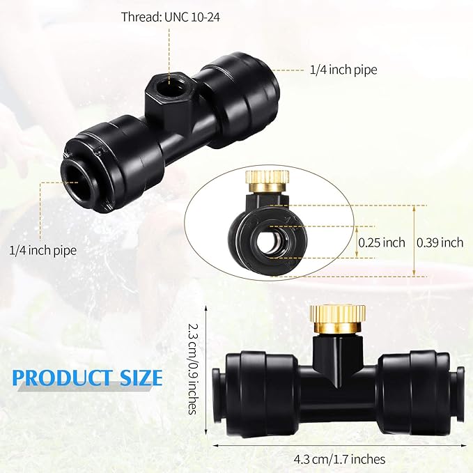 60 Pieces Brass Misting Nozzles Include Water Misting Tees Thread 1/4 Inch and Brass Orifice Nozzle with Black Plug for DIY Outdoor Patio Garden Backyard Cooling Spray System