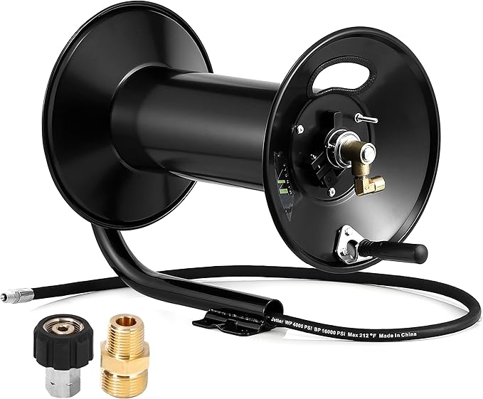 M MINGLE Pressure Washer Hose Reel 300ft x 3/8" / 500ft x 1/4", 4000 PSI | Heavy Duty Steel Hose Reel, Manual Crank Power Washer Hose Reel with Swivel Arm, 3/8" NPT Outlet Pipe