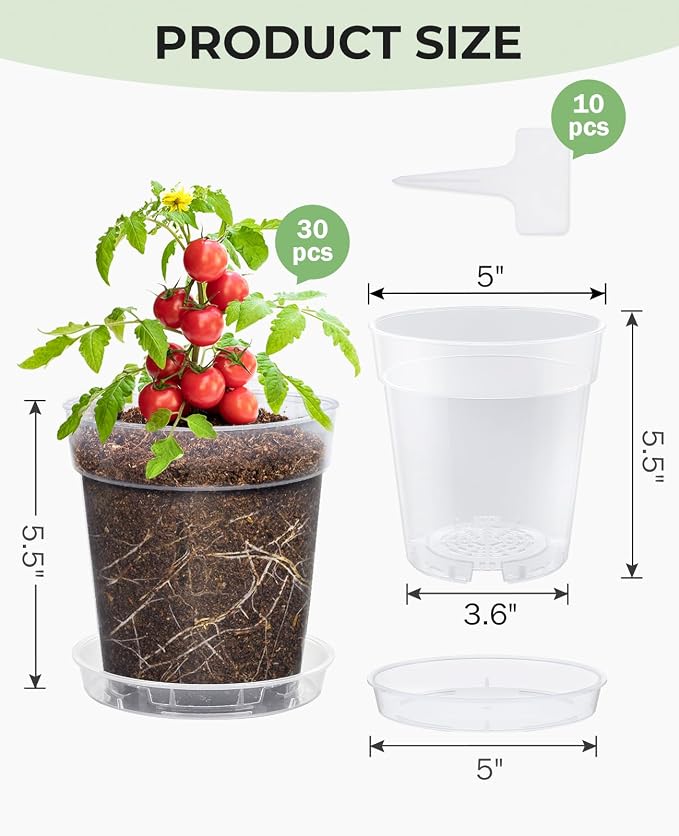homenote 5 Inch Clear Nursery Pots 30 Pack with Drainage and Plant Saucers, Rigid High Transparency Plastic Nursery Pots for Plants,Thick Walled Planter Nursery Pots with Upgraded Drainage Holes