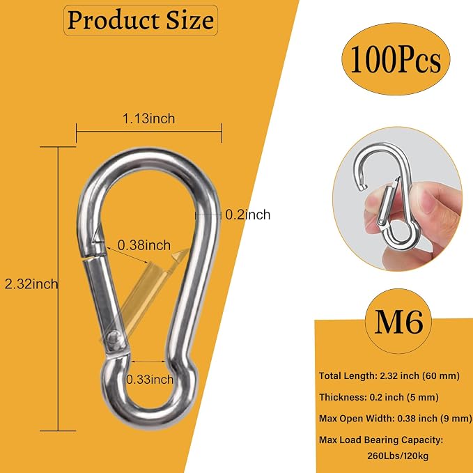 Heavy-Duty Carabiner Clip 1.57"–5.5", Black/Silver Spring Snap Hook, Quick Link Keychain Clip for Keys, Swing Set, Camping, Fishing, Hiking & Traveling (120–1350 lbs)
