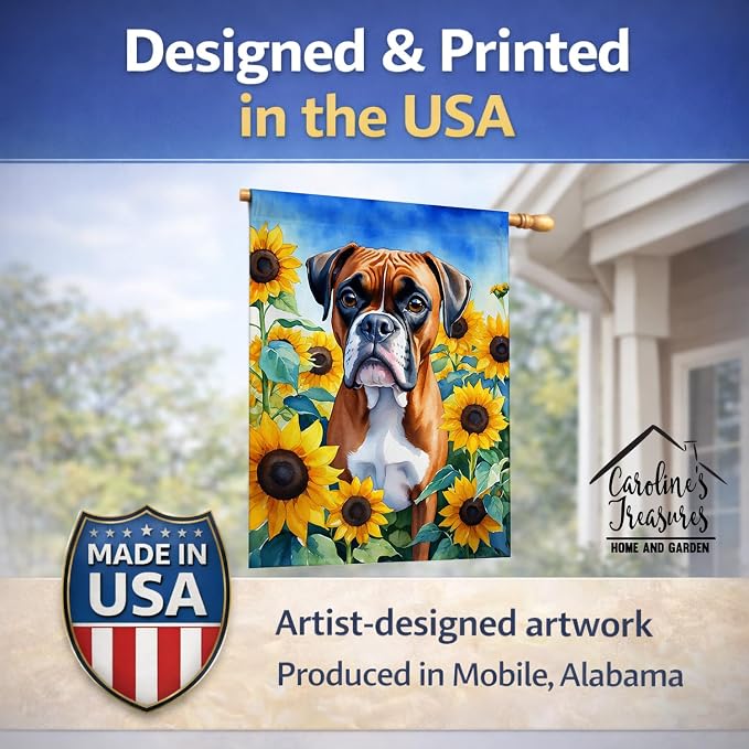 Caroline's Treasures DAC6037CHF Boxer in Sunflowers House Flag Large Porch Sleeve Pole Decorative Outside Yard Banner Artwork Wall Hanging, Polyester, House Size, Multicolor