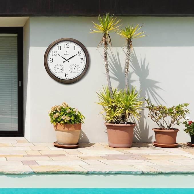 Large Outdoor Clocks for Patio - Waterproof, Accurate & Easy to Read - 24 inch Indoor Outdoor Wall Clock with Thermometer, Temperature and Humidity Combo - Weatherproof for Pool, Garden & Home Decor