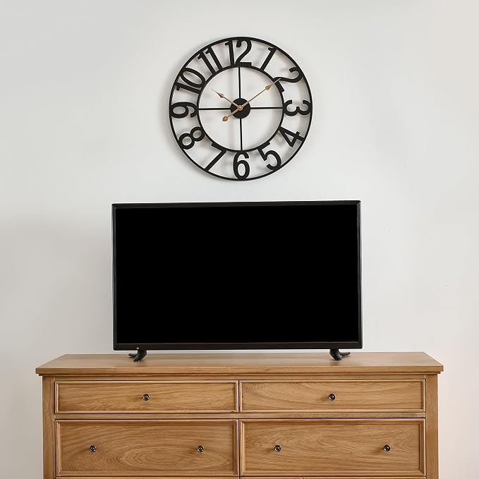 Wall Clocks for Living Room Decor, Large Wall Clock Silent Battery Operated, Rustic Industrial Farmhouse Black Metal Wall Clocks for Kitchen, Bedroom, Dining Room-24 in