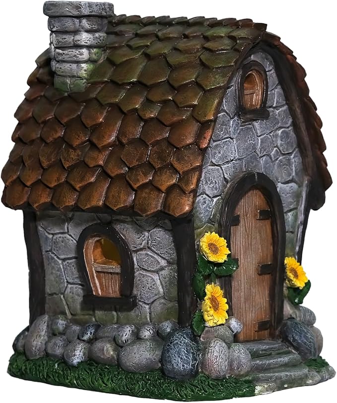 Solar Garden House Statues Outdoor with Light Yard Resin Decoration Gift Handmade Housewarming Gift for Patio Yard Lawn Waterproof Cracking