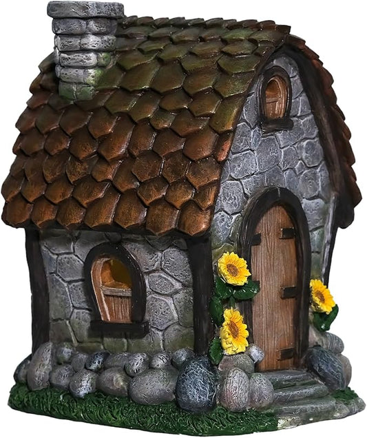 Solar Garden House Statues Outdoor with Light Yard Resin Decoration Gift Handmade Housewarming Gift for Patio Yard Lawn Waterproof Cracking