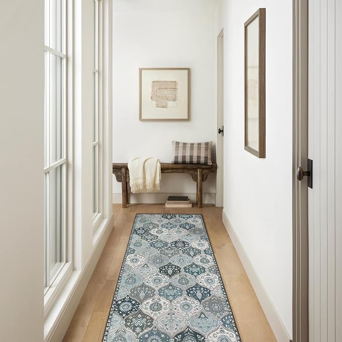Lahome Moroccan Washable Runner Rug, 2'5''x8' Kitchen Runners for Hallways | Ultra-Thin Vintage Oriental Non-Slip Hallway Rug Carpet for Entryway Bedroom Laundry Room Foyer Elise, Blue