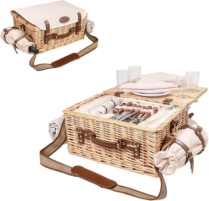 Multifunctional Wicker Picnic Basket Set for 4 Blanket Family Folding Wine Table,Insulated Portable Extra Big Storage Capacity Natural Woven Rattan Canasta De Full Tablewares Camping Outdoor Flowers