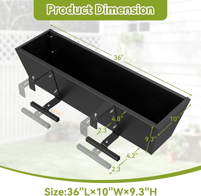 2 Pack Railing Planter Box 36 Inch - Heavy Duty Metal Window Boxes, Deck Railing Planter Boxes with Adjustable Bracket & Drainage, Hanging Planter for Deck Railing Balcony & Patio