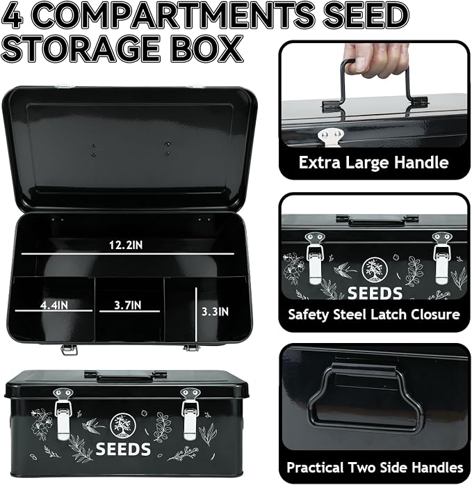 Seed Storage Box, Seed Storage Organizer with Garden String, 30 Seed Envelopes and Bamboo Plant Labels, 4 Compartments Garden Seed Organizer Box with Safety Locks, Black
