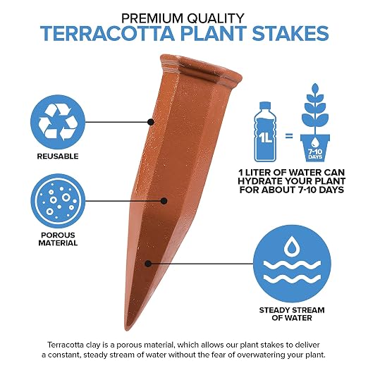 Modern Innovations Ceramic Terracotta Self Watering Spikes (10 Pack) Vacation Automatic Plant Waterer Devices, Indoor/Outdoor Planter Insert, Terra-Cotta Stakes for Potted Plants, Auto-Water System