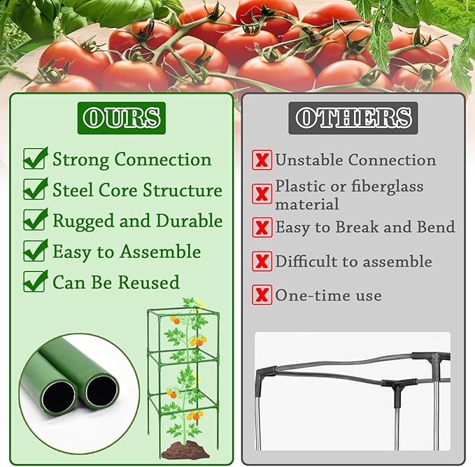 ZeeDix 4 Pack Tomato Cages for Garden 60 Inches, Heavy Duty Square Adjustable Tomato Trellis Cage Climbing Plant Support Trellis Plant Cages for Climbing Vegetables Flowers with 40Pcs Clips
