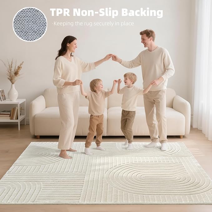 5x7 Solid Beige Area Rugs for Living Room, Geometric Washable Rug | Soft Fluffy Non-Slip Indoor Carpet, Neutral, Boho Modern Floor Rugs for Bedroom, Bedside, Kids Room, Nursery, Entryway