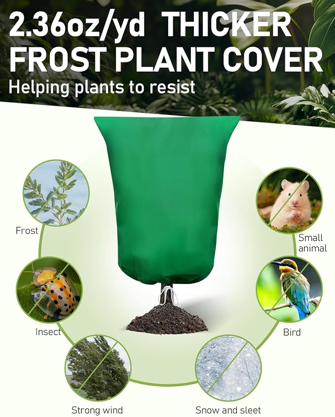 Winter Plant Covers Freeze Protection, 2 Pack Frost Covers (31.5" x 47.3"), with Zipper and Drawstring Reusable, 2.36 oz/yd² Frost Blankets for Outdoor Plants, for Potted Shrubs Fruit Trees