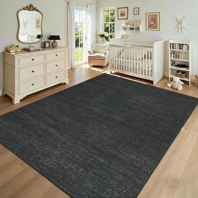 Garvee 9x12 Black Rug for Living Room Modern Solid Color Washable Area Rug | Non Slip Backing Non Shedding Stain Resistant Low Pile Ultra Soft Thin Foldable Rug for Bedroom Nursery Dining Room