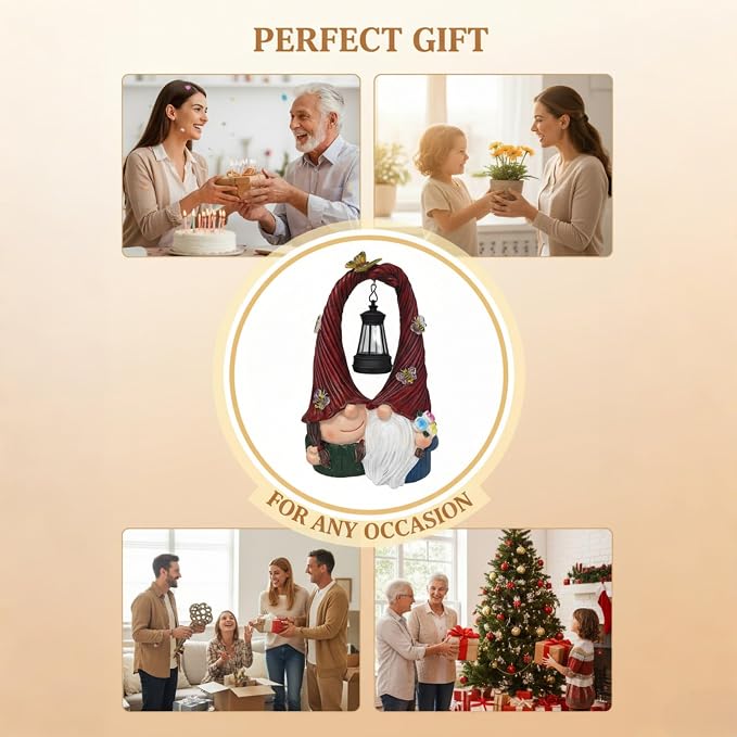 Couple Gnome Figurine with Solar Lantern Gnome Lamp Decor Garden Statue Outside Outdoor Yard Housewarming Gifts for Mom Women Grandma Valentine's Day Anniversary