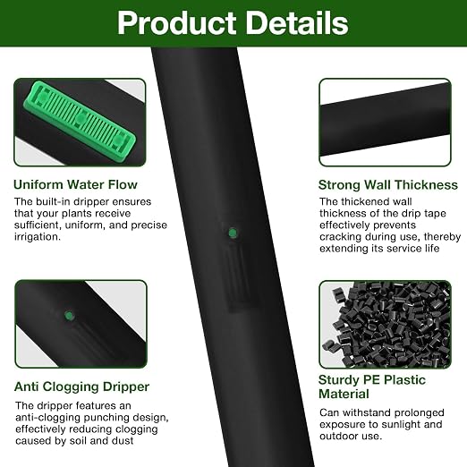 500FT 5/8 Inch Drip Tape Irrigation Kit, Kalolary 16 Mil Reinforced PE Flat Drips Tubing 6" Spacing Roll Landscape Garden Hose with Drip Tape Fittings & Hole Puncher Automatic Garden Irrigation System