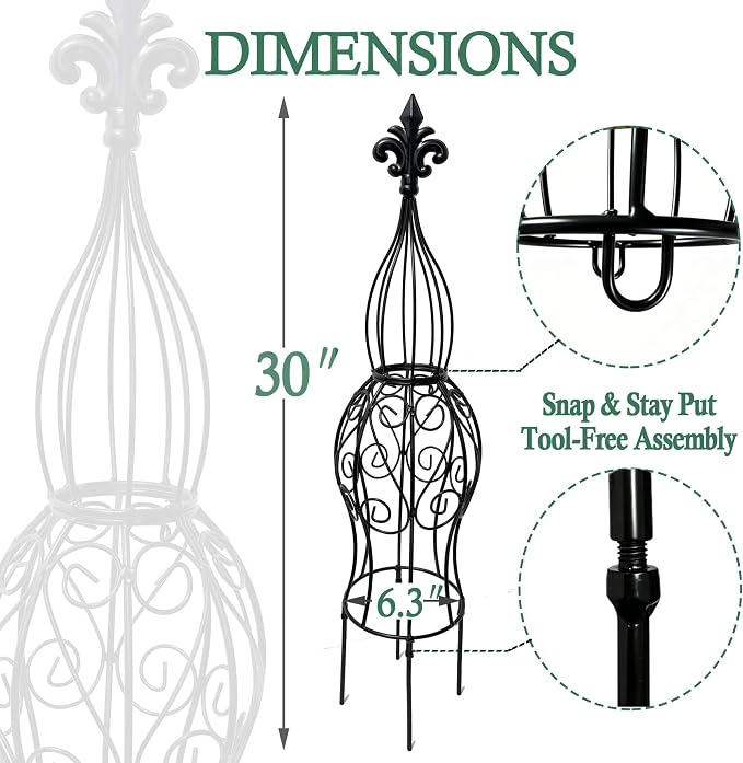 2-Pack Iron Garden Obelisk Trellis, 30" Rose Climbing Plant Support | Tool-free snap assembly; fits 9–12in pots, for roses clematis ivy vines, 2-pack patio balcony outdoor metal trellis