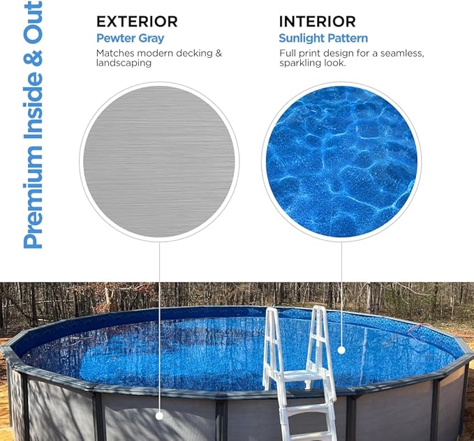 AquaDoc Coventry Round Steel Wall Above Ground Pool Kit 18' x 52" | Premium Package in Pewter Gray Finish with Sand Filter, Wide Mouth Skimmer, Ladder and Sunlight Overlap Liner