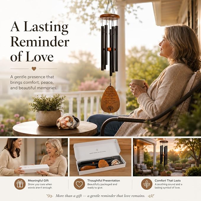 Memorial Wind Chimes for Loss of Loved One - 28 in. Sympathy Wind Chime Gift with Keepsake Stone & Message Card, Calming Tone, Wood Mute Damper, Garden Porch Patio Decor for Outside
