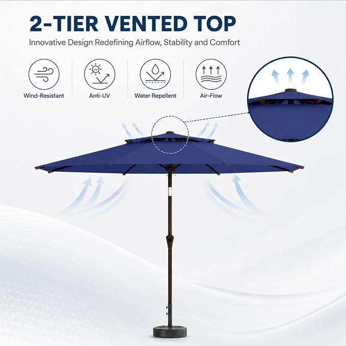 10FT Patio Umbrella, 2 Tier Outdoor Table Umbrella, Large Vented Market Umbrellas with Push Button Tilt and Crank, 8 Sturdy Ribs for Backyard, Deck, Pool, UPF50+ UV Protection