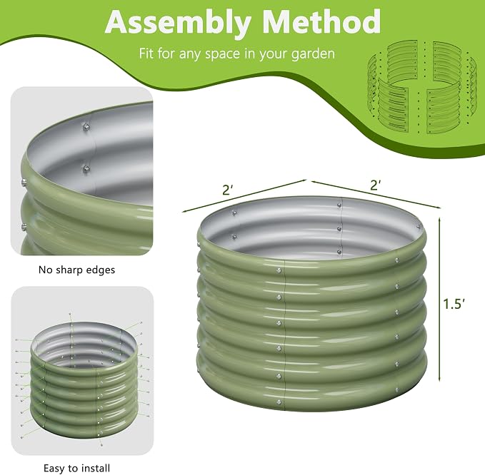 2PCS 2x2x1.5FT Galvanized Raised Garden Bed Kit,Vegetable Boxes-Round Metal Flower Box,Large Planter Raised Beds Outdoor Garden for Planting,Fruit,Herb-Green 0.8mm
