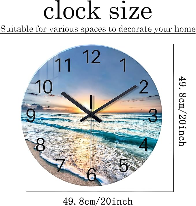 20 Inch Big Beach Wall Clocks for Living Room Decor | Analog Glass Slient Wall Clock Non Ticking Coastal Wall Clock Battery Operated Nautical Wall Clock Beach Themed Room Decor