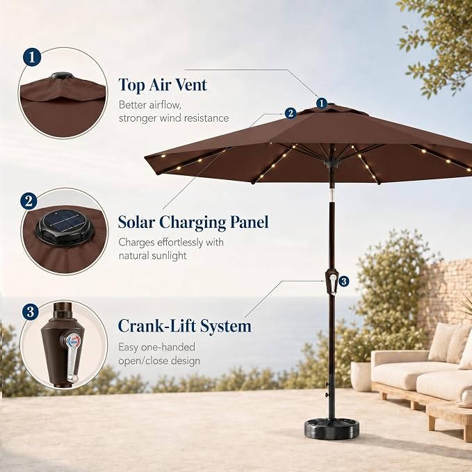 10FT Solar Patio Umbrella with Lights, Outdoor Table Market Umbrella with 32 LED Lights, 8 Sturdy Ribs, Push Button Tilt and Crank for Pool, Deck and Garden, UV-Resistant