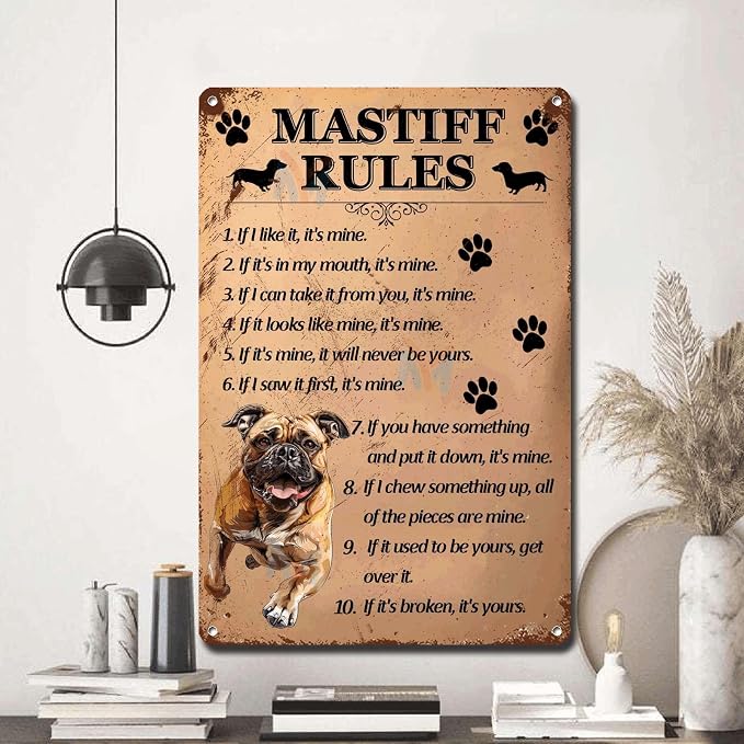 Metal Sign Tin Sign Vintage Wall Art Mastiff Rules Restroom Tin Sign for Club 12×16 Inches