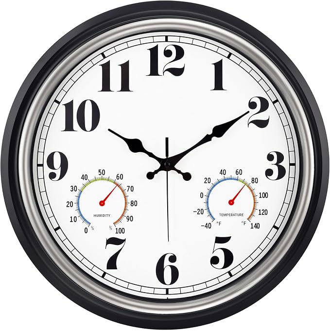 45MinST 16 Inch Silver Vintage Large Indoor/Outdoor Waterproof Wall Clock with Thermometer & Hygrometer, Silent Non-Ticking Quartz Timepiece for Home, Porch, Garden