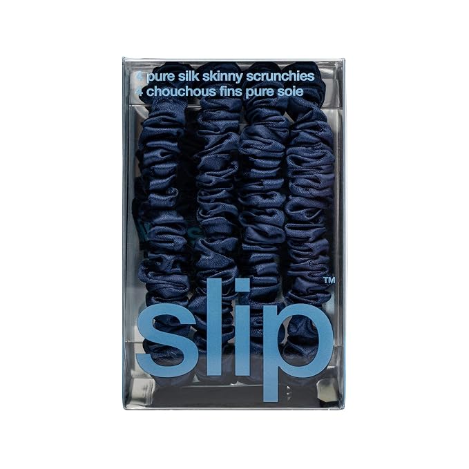 Slip Silk Hair Ties — Skinny Silk Navy Scrunchies, No Damage, No Crease, Anti-Breakage |100% Mulberry Silk | All Hair Types | Made with Proprietary Slipsilk™ | Set of 4