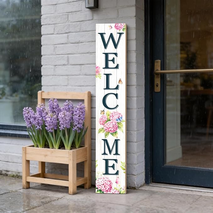 Welcome Sign for Front Porch, 47" Wood Framed Porch Sign Hydrangea Flower Decorations with Hanging Rope, Farmhouse Yard Signs Home Decor for Outdoor Patio