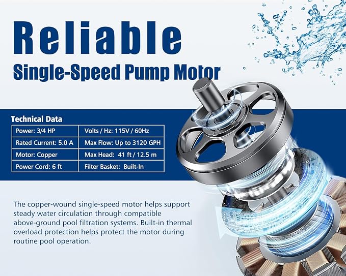 3/4 HP Above Ground Pool Pump with Timer, 3120 GPH 115V Self-Priming Sand Filter Pump Replacement with Filter Basket and 1.25/1.5-Inch Hose Adapters for Easy Installation