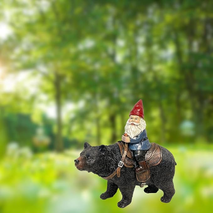 BestGiftEver Outdoor Statue Gnome Riding Bear Design in Resin | Funny, Garden Yard Patio Flowerbed Lawn Decoration, Figurine