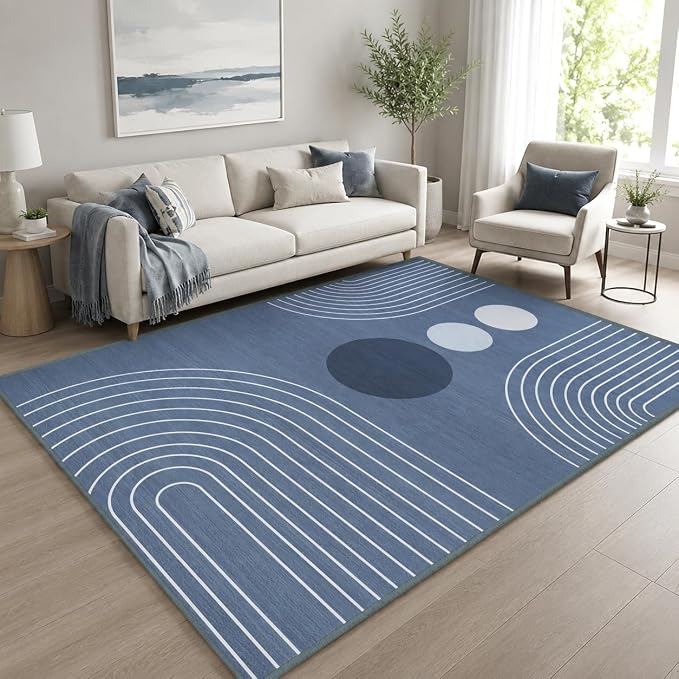 Boho Rug 4x6 Modern Geometric Minimalist Abstract Area Rug for Living Room Dusty Blue Mid Century Modern Contemporary Machine Washable Non-Slip Printed Low-Pile Carpet Dining Room Bedroom Office