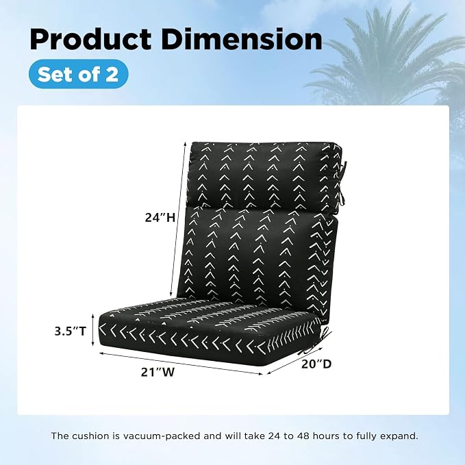 Outdoor Patio Chair Cushions 44x21x3.5 inch, Set of 2 Thicken Comfy Cushions for Rocker Non Slip Fade Shield Water Repellent High Back with Ties, Noir Trace