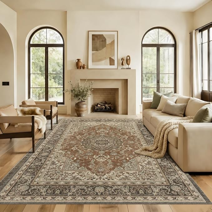 8x10 Area Rug Vintage Washable Rugs for Living Room Bedroom Nursery | Farmhouse Boho Floral Neutral Washable Stain Resistant Indoor Carpet for Bedroom Office and Home Decor (Brick&Brown)