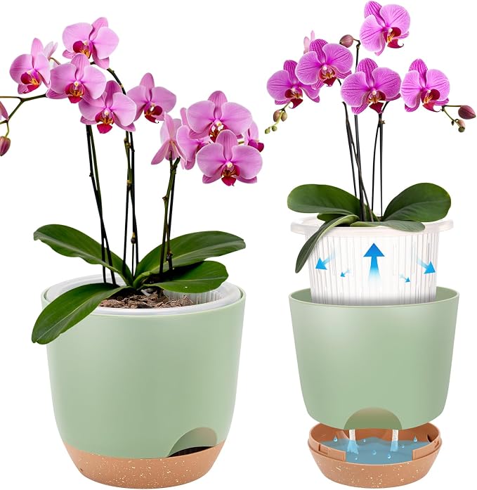 3Packs 7.2 Inch Self Watering Orchid Pots for Indoor Plants,Macetas para Orqudeas,Flower Pots for Indoor Plants with Holes（Green）