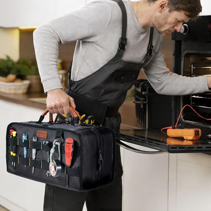 Heavy Duty Tool Bag Organizer with Clear Lid Compartments for Electrician, Portable Tool Organizer Case for Multimeter, Diagnostic & HVAC Repair Tools, Roll Up Tool Bag Organizer