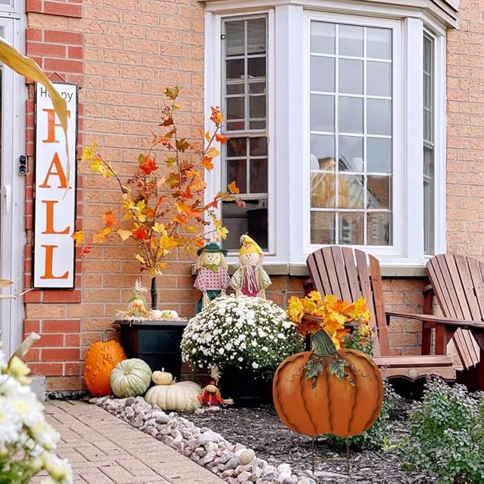K KILIPES 17" H Metal Pumpkin Garden Stake Fall Decorations Outdoor Pumpkin Yard Sign Autumn Pumpkin Lawn Decor Decorative Garden Stake for Fall Harvest Thanksgiving Outside Patio Porch Decor