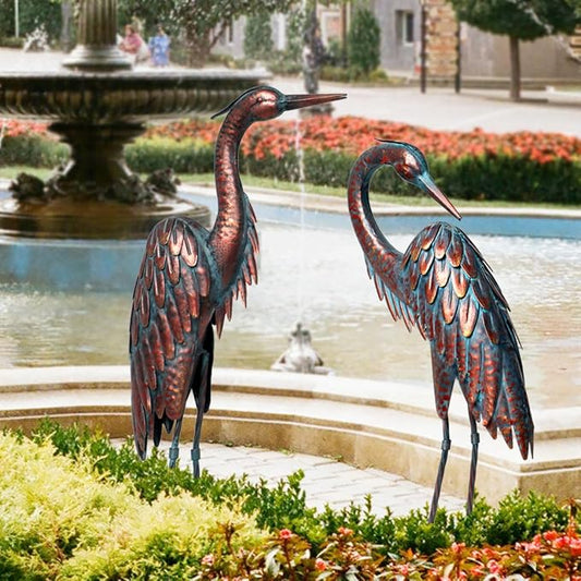 Kircust Outdoor Metal Crane Statues, Heron Sculptures for Garden Yard | Bronze 27.56" Tall, Set of 2 Heron Sculptures, Weatherproof, Patio Decor, Art