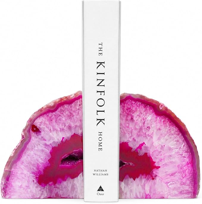 Natural Pink Dyed Agate Geode Bookends - 3 to 4 lb Heavy Duty Rock Crystal Stone Book Ends for Shelves, with Rubber Bumpers, Decorative Book Holders for Home Office